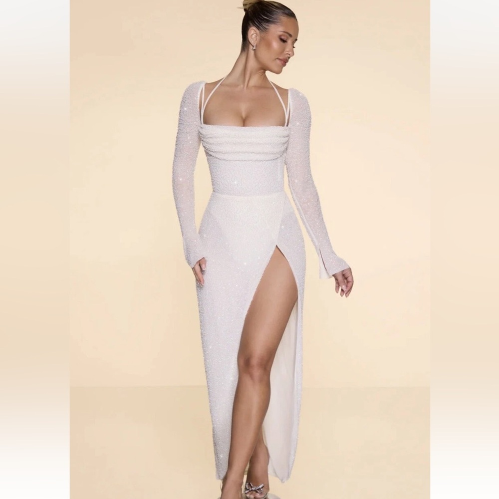 Oh Polly Ivory Long Sleeve Draped Neck High Slit Maxi Dress
